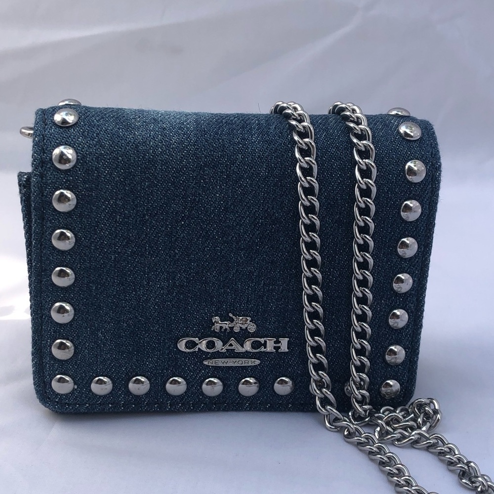 Coach Denim Studded Crossbody in Blue with Silver Hardware